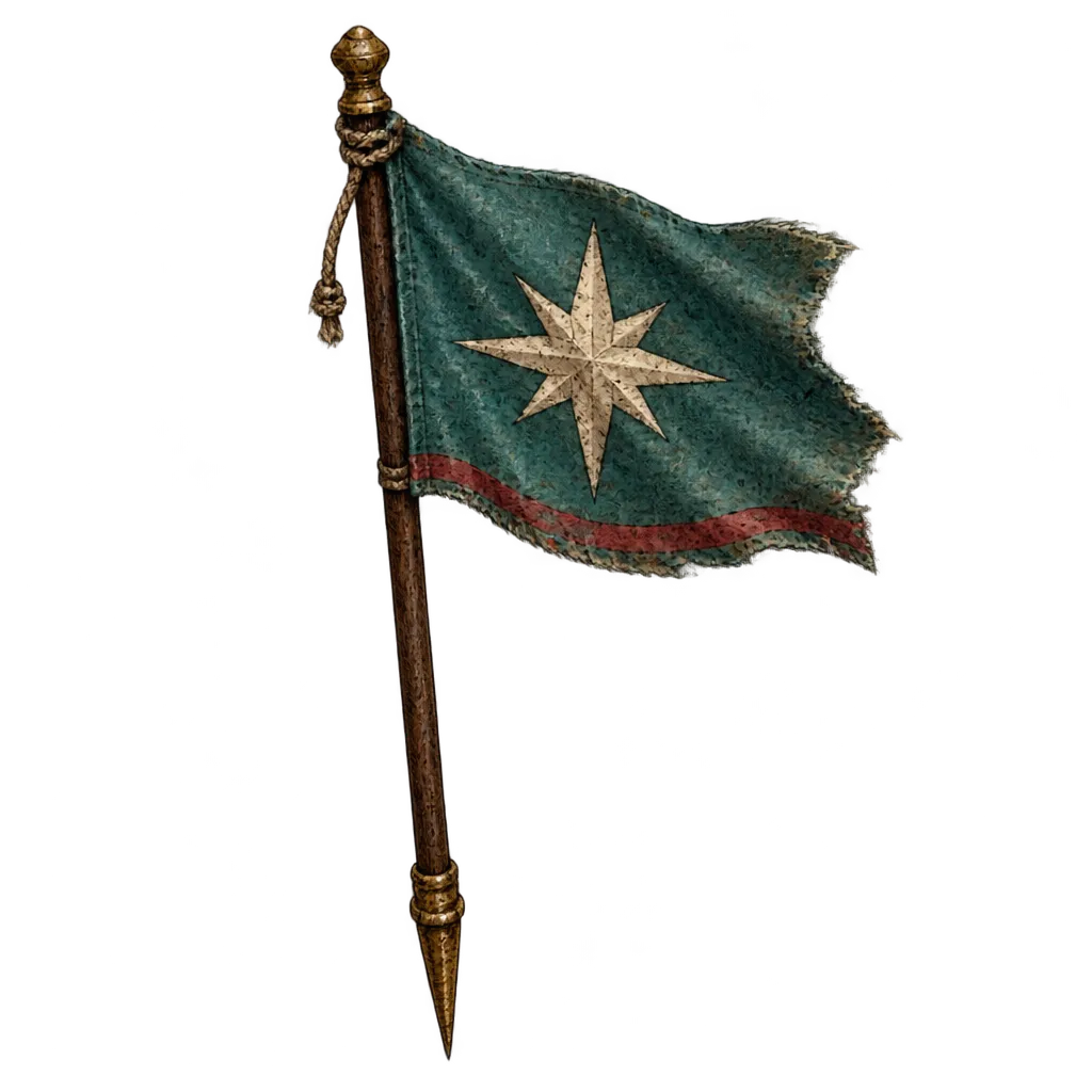 Bendera guild toska bertanda bintang delapan, tertancap di tepi sungai.